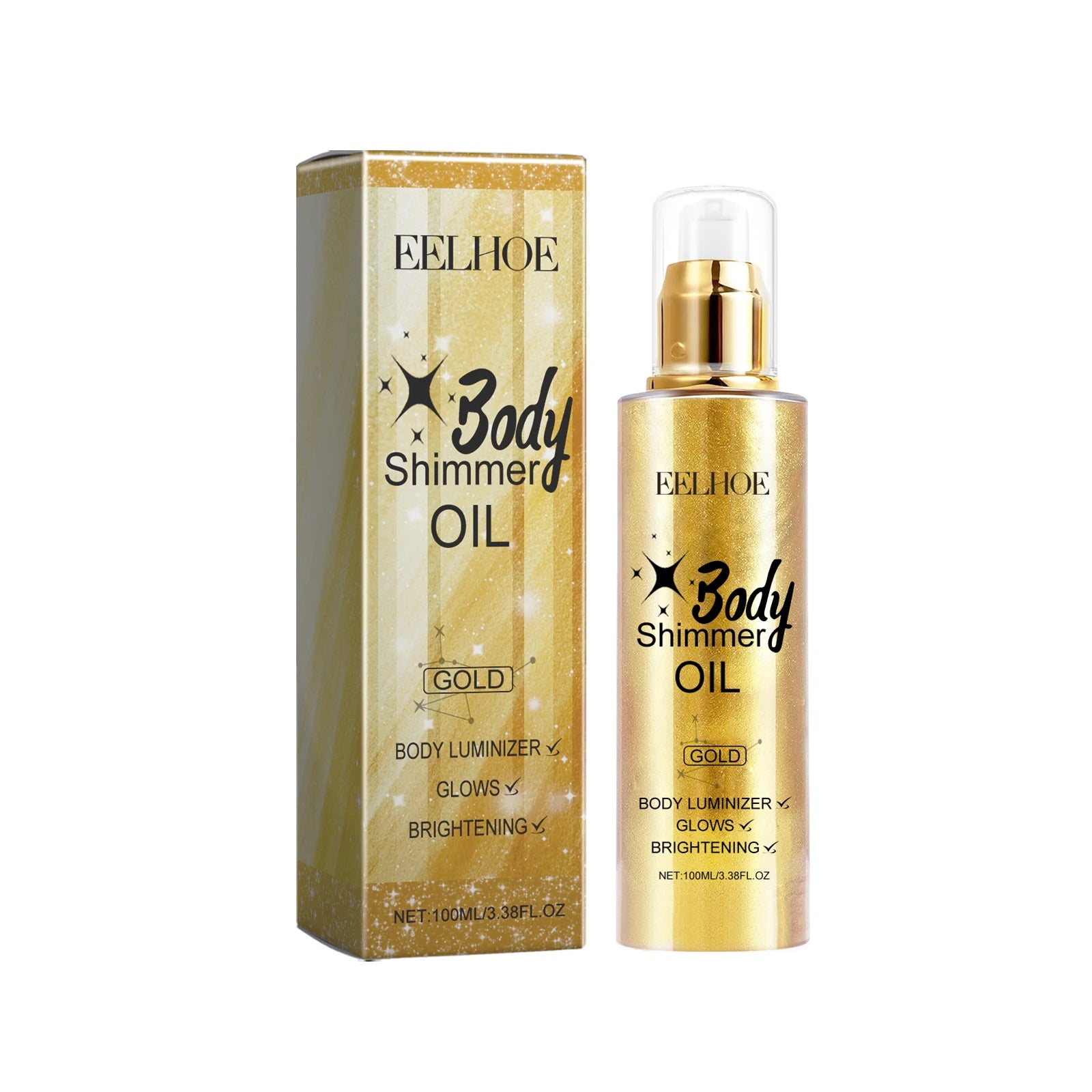 EELHOE Body Oil with Shimmer Brighten Glitter Face Contour Highlighter for Body Smooth Bronzer Liquid Illuminator Makeup 100ml