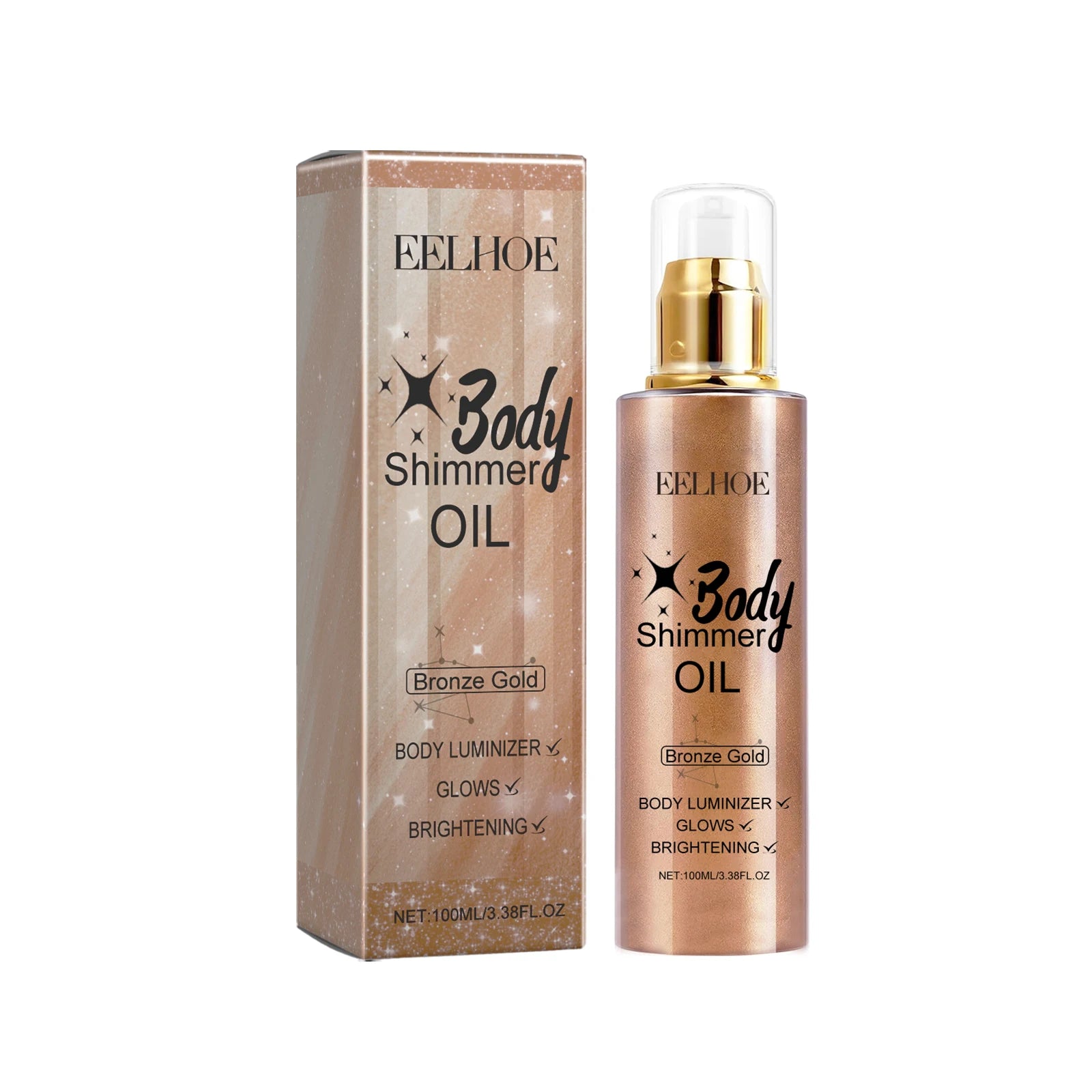 EELHOE Body Oil with Shimmer Brighten Glitter Face Contour Highlighter for Body Smooth Bronzer Liquid Illuminator Makeup 100ml