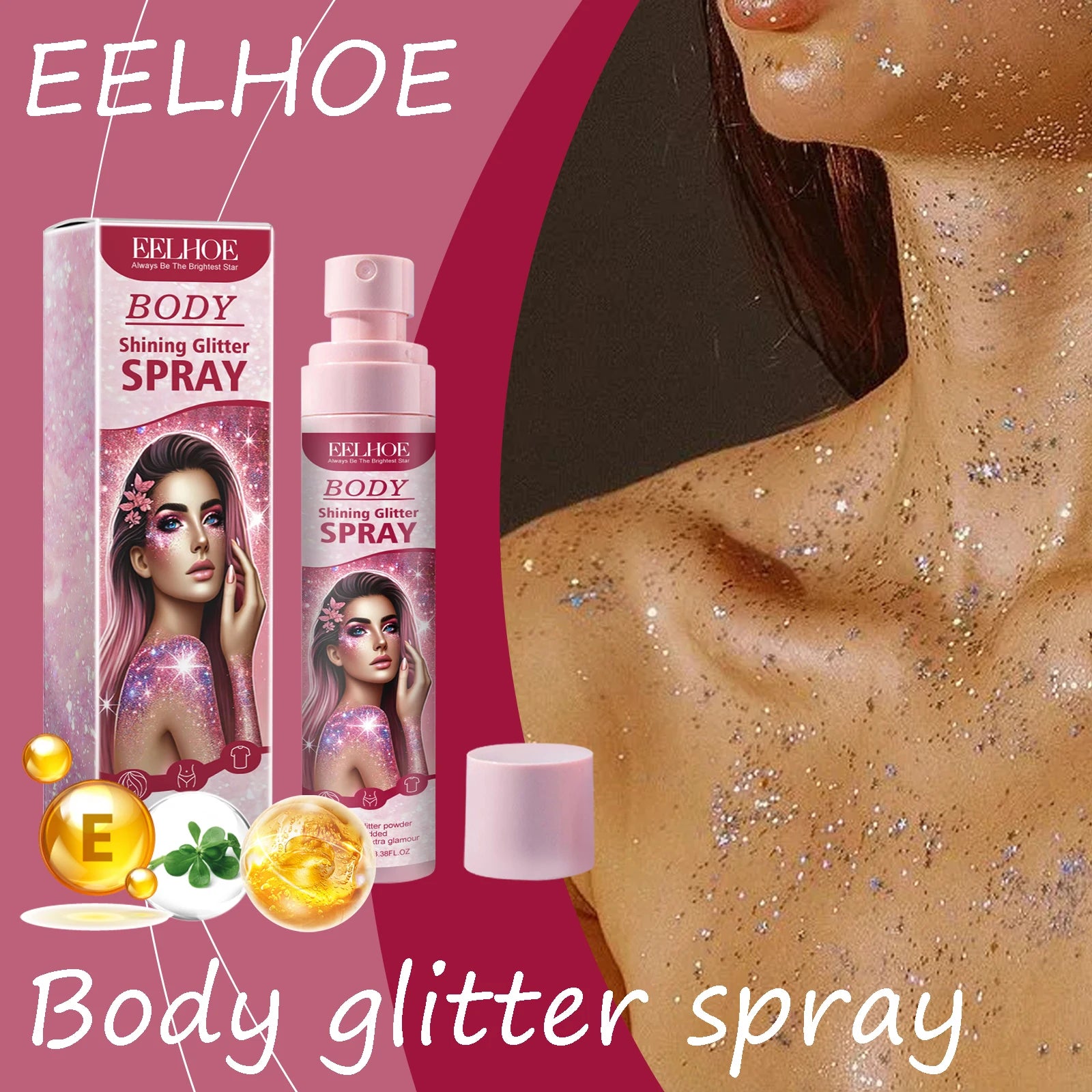 EELHOE Body Highlight Glitter Spray Temporary Hair Body Glitter Color Spray Shiny Makeup High Gloss Natural Body Shimmer Spray