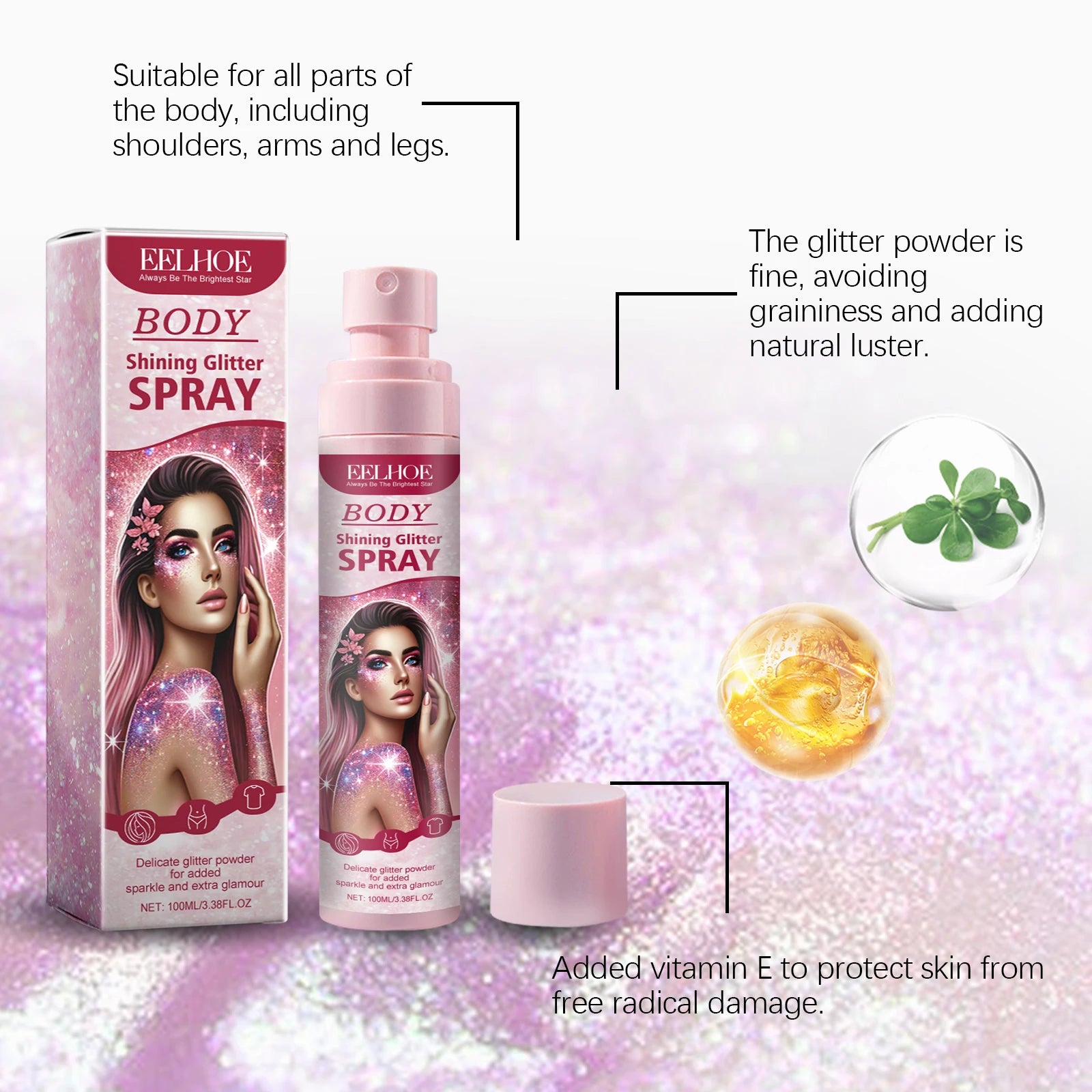 EELHOE Body Highlight Glitter Spray Temporary Hair Body Glitter Color Spray Shiny Makeup High Gloss Natural Body Shimmer Spray