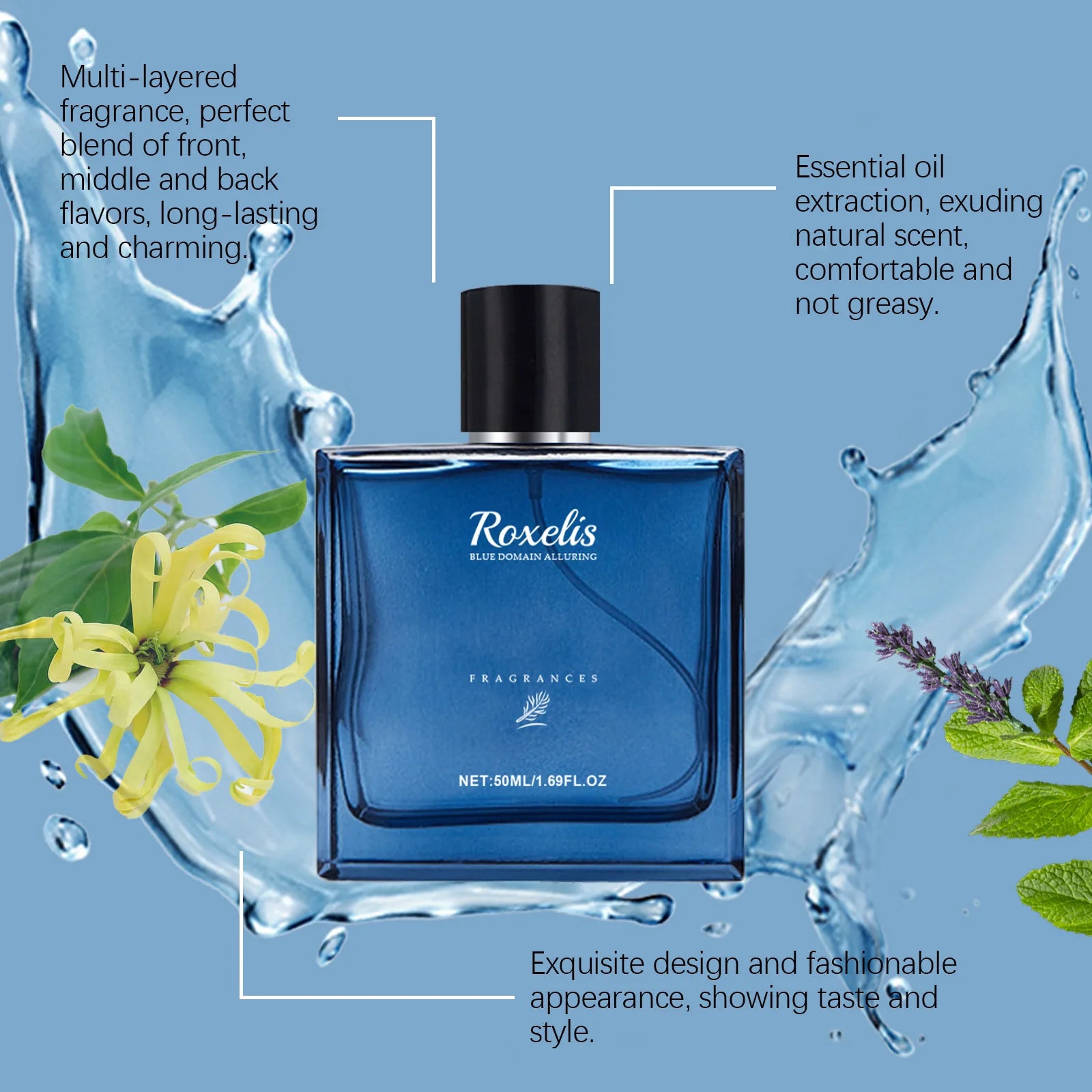 Roxelis 50ml Charmig Cologne Perfume Spray Men's Blue Domain Fragrance Lasting Scent Pheromone Flirting Romantic Dating Perfume