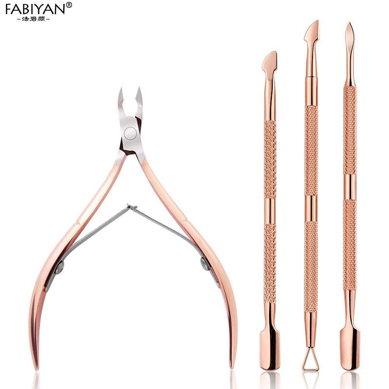 Stainless Steel Double Head Nail Art Dead Skin Pusher Cuticle Nipper Scissors Manicure Set Rose Gold UV Gel Remove 2/4Pcs/Set