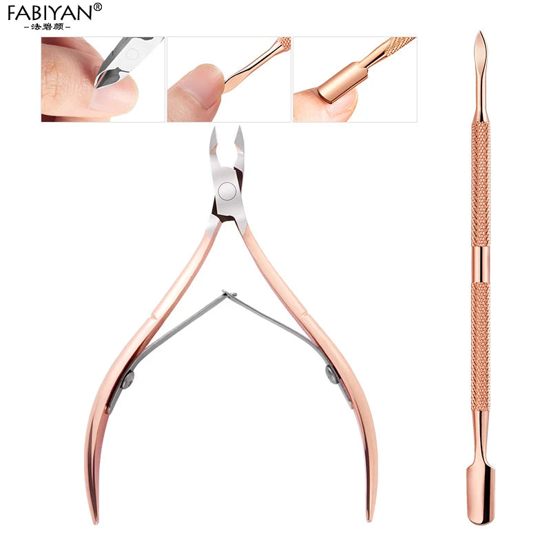 Stainless Steel Double Head Nail Art Dead Skin Pusher Cuticle Nipper Scissors Manicure Set Rose Gold UV Gel Remove 2/4Pcs/Set