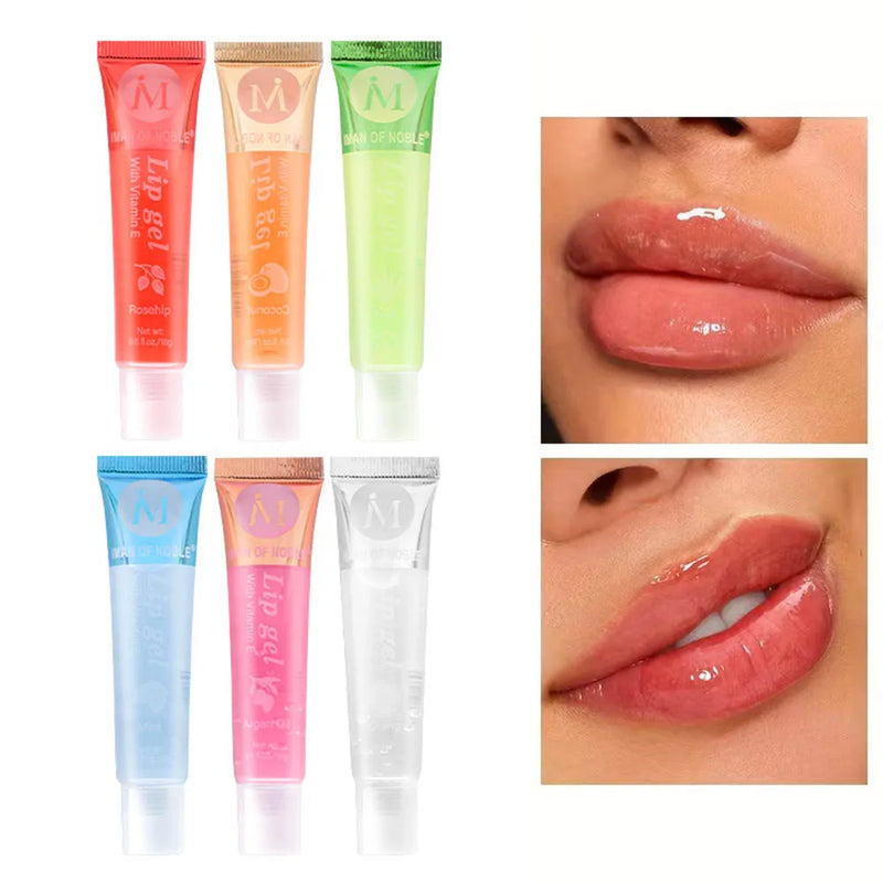 6/12Pcs Fruity Watery Glossy Lip Gloss Set VE, Rosehip, Argan, Mint, Aloe, Coconut Flavor Clear Lip Oil Moisturizing Lip Plumpin