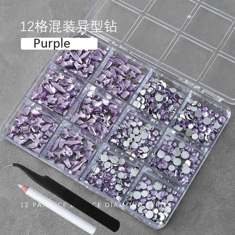 12Grids(400-500pc) 3D White Flat-Back Nail Art Rhinestones Irregular Resin Gems Nail Jewels for Face Eye Makeup Nail Decorations