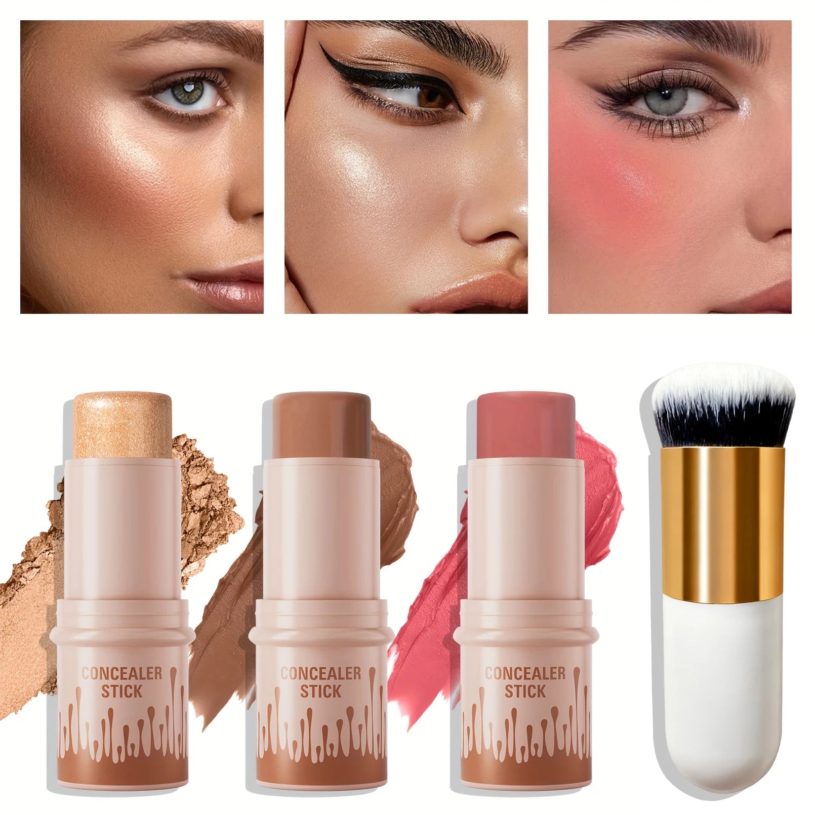 3pcs Concealer Sticks Set with Brush, Highlighter & Bronzer & Blush Sticks Brighten The Face, Waterproof Suitable for Christmas