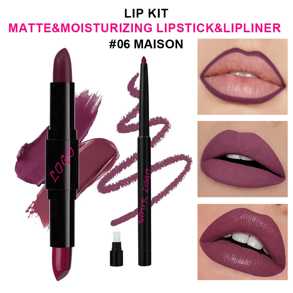 Lipstick with Lip Liner 2-1 Vegan Dual End Two Sides Matte Lipsticks Moist Combined Cosmetic Set