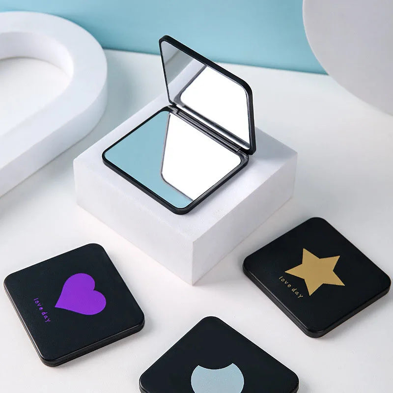 Dual-Sided Folding Compact Mirror - Travel Pocket Makeup Mirror with Flip Cover, Mini Black Creative Design for Purse/Students