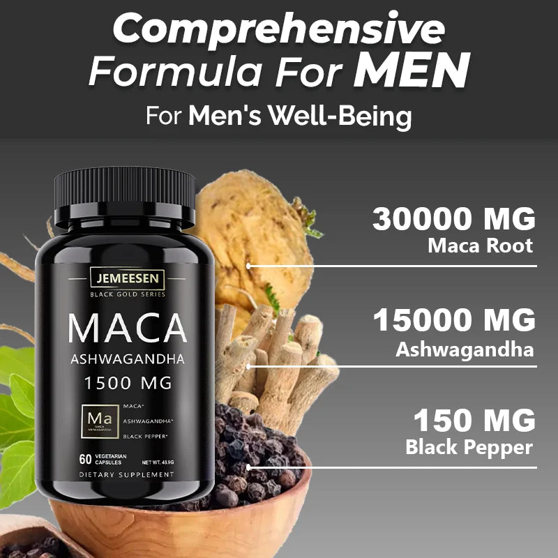 Organic Maca Root Powder Capsules 1500mg containing Maca Root Extract,Ashwagandha,Black Pepper, Supplements for Men