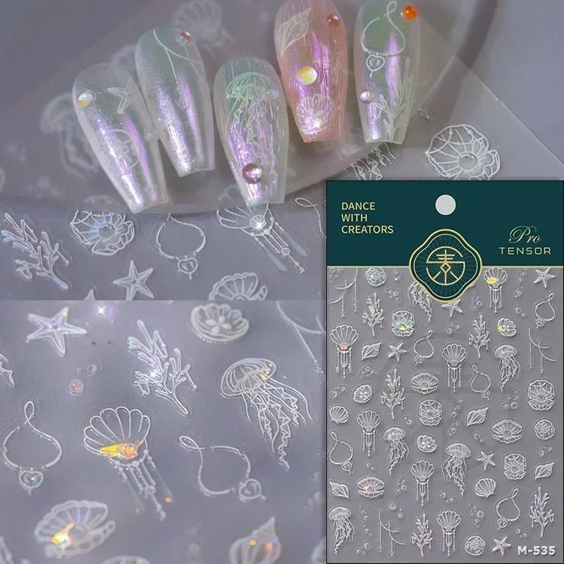 Goldfish Cavort Water Grass Lotus Flower Leaf Brocaded Carp Koi Ripple Droplet Water Bubbles 5D Nail Art Stickers Manicure Decal