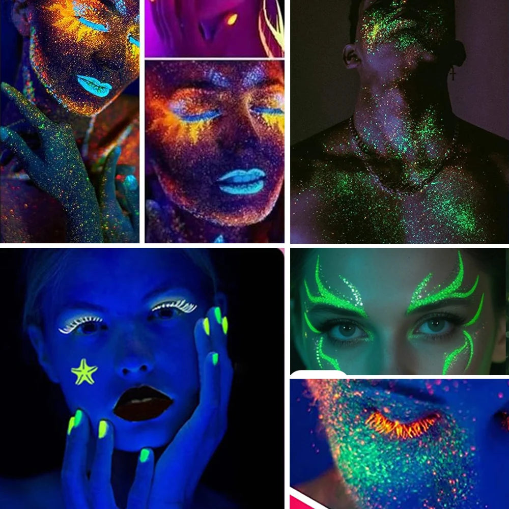 Body Glitter Spray Glow in The Dark Party Makeup Hair Glitter Extra Fine Face Shimmer Powder for Festival Glow Party Halloween
