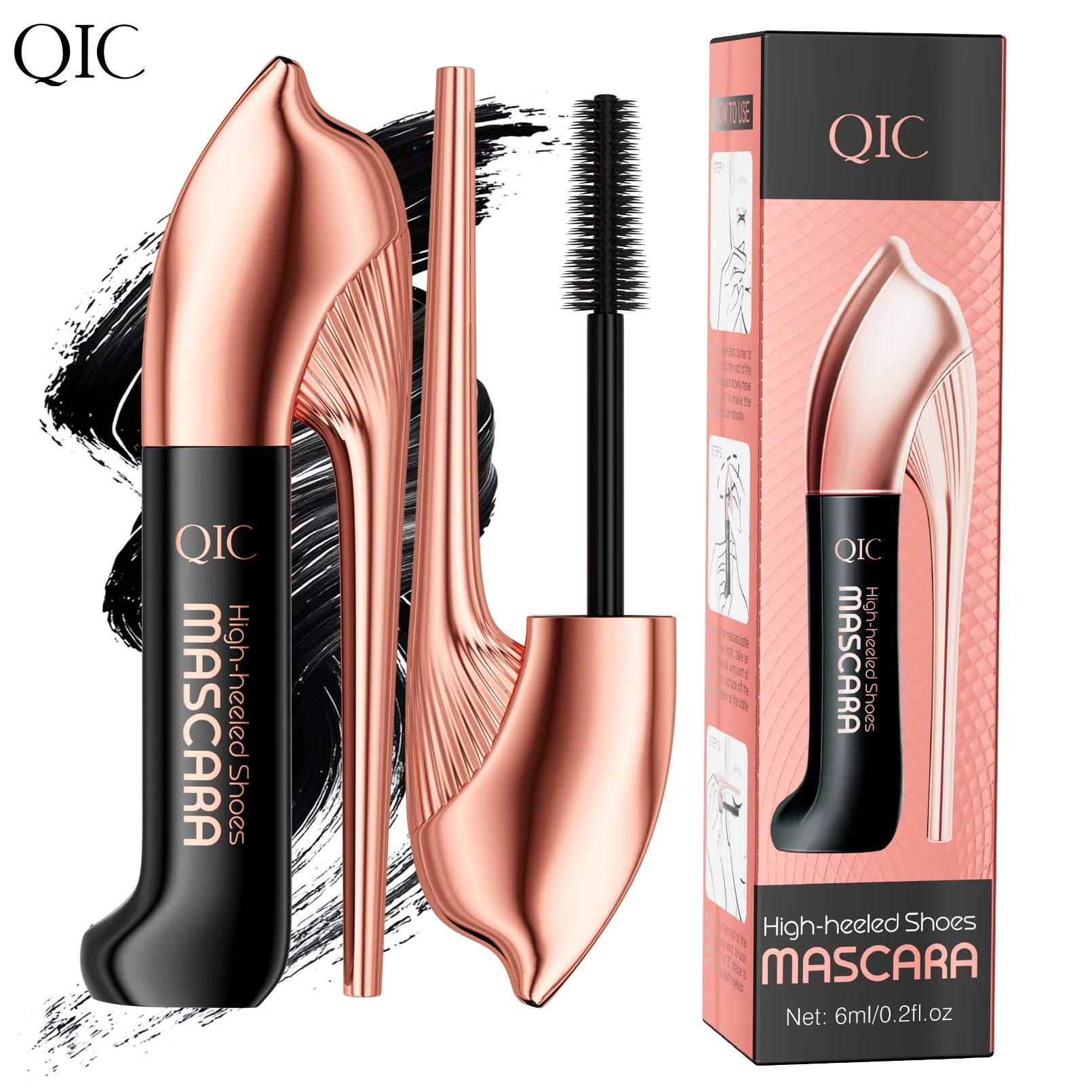 QIC High-heeled Shoes Mascara 3D Fiber Mascara, Long Black Volumizing Eyelash Extension, Waterproof Eye Makeup Tool