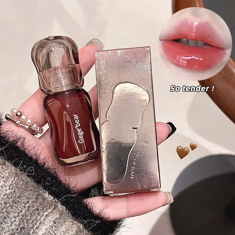 Gege bear big ice bucket crystal transparent lip glaze moisturizing mirror pouty lips autumn and winter whitening lipstick