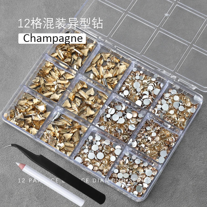 12Grids(400-500pc) 3D White Flat-Back Nail Art Rhinestones Irregular Resin Gems Nail Jewels for Face Eye Makeup Nail Decorations