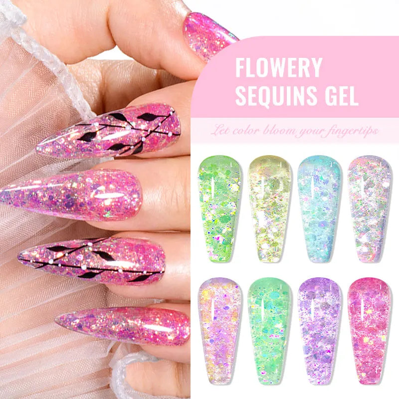 7ml Flowery Glitter Sequins Gel Nail Polish Shiny Sparkling Color Semi Permanant Soak Off Manicure Nail Art Varnish