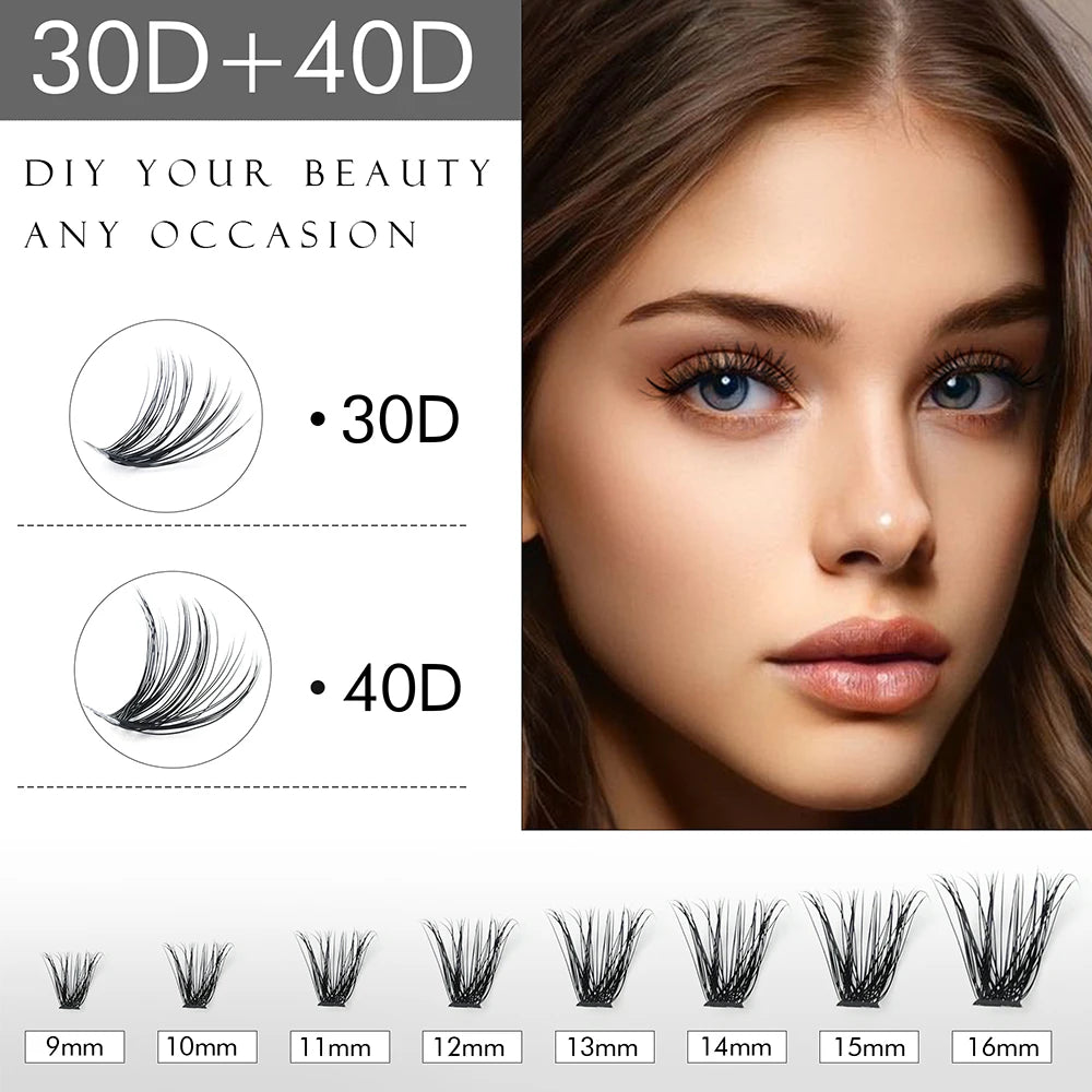 320PCS DIY Mix Clusters Kit 30D/40D Individual False Eyeashes Wispy Fluffy with Applicator Tools Self-Grafting At Home