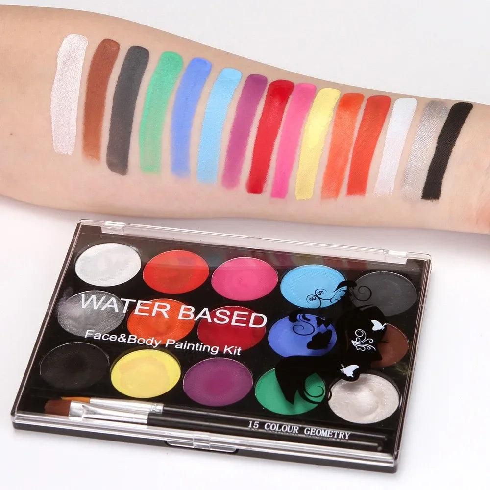 15 Colors Non-Toxic Face Painting Kit with Brush And Decals for Kids - Watercolor Body Makeup for Christmas Halloween Carnival