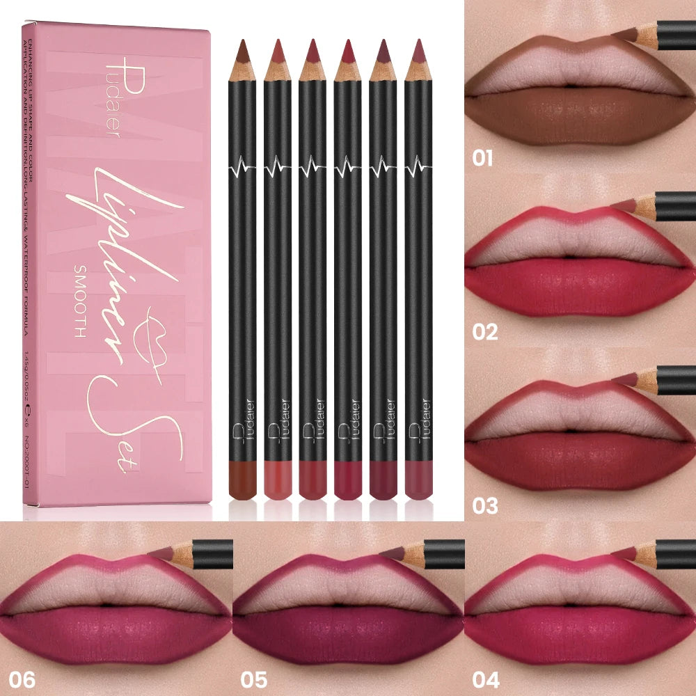 Pudaier 6-Color Waterproof Matte Lip Liner - Long-Lasting, Non-Transfer Formula, Matte Finish, 6 Versatile Shades
