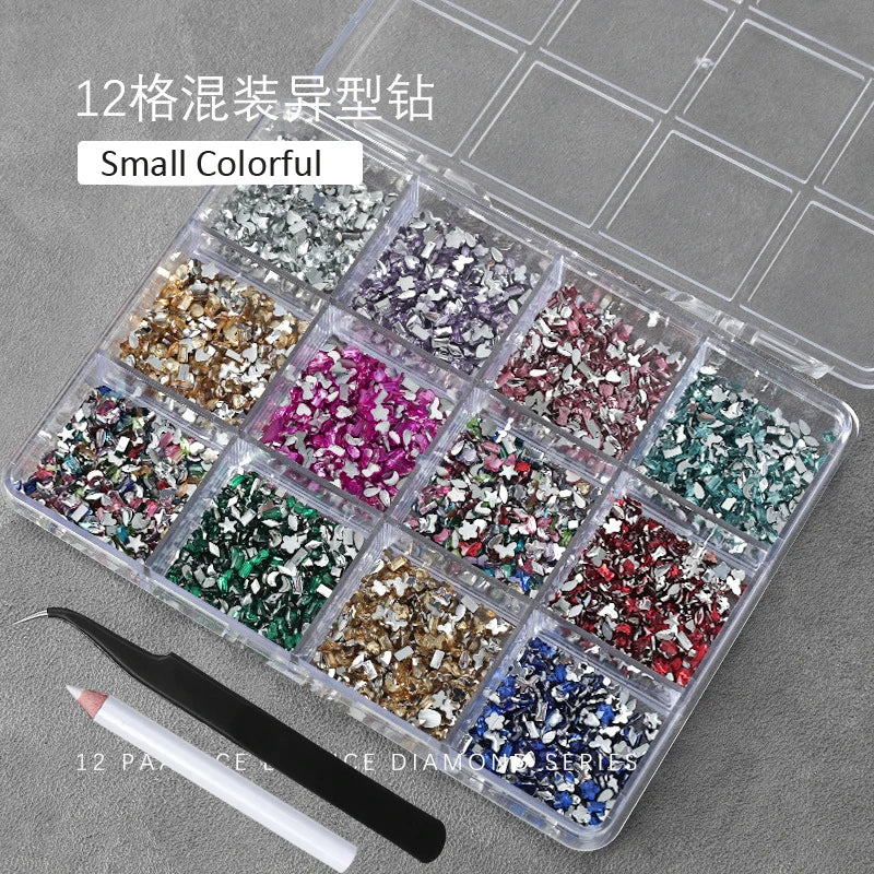 12Grids(400-500pc) 3D White Flat-Back Nail Art Rhinestones Irregular Resin Gems Nail Jewels for Face Eye Makeup Nail Decorations