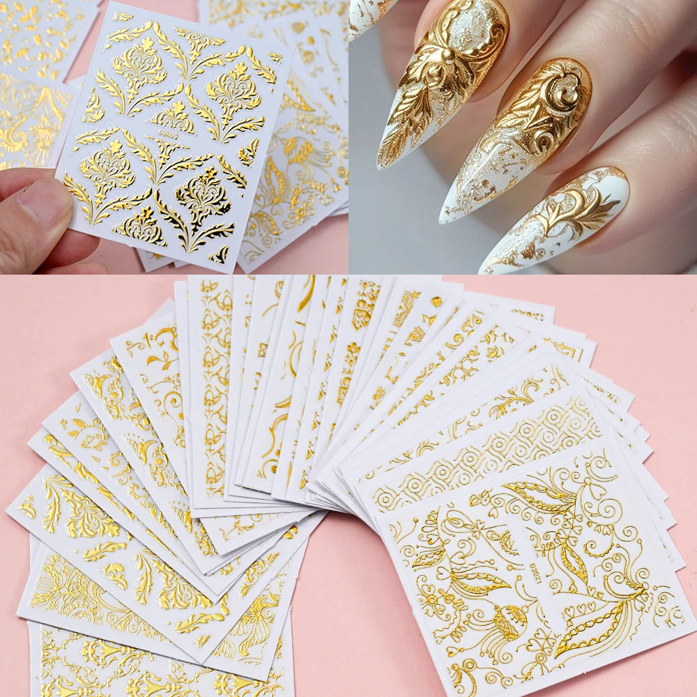 30 Sheets Gold Metallic Flowers Vine Nail Art Decals 3D Lace Flower Nail Sticker Self-Adhesive Nail Art Decoration 5.5*6.5cm