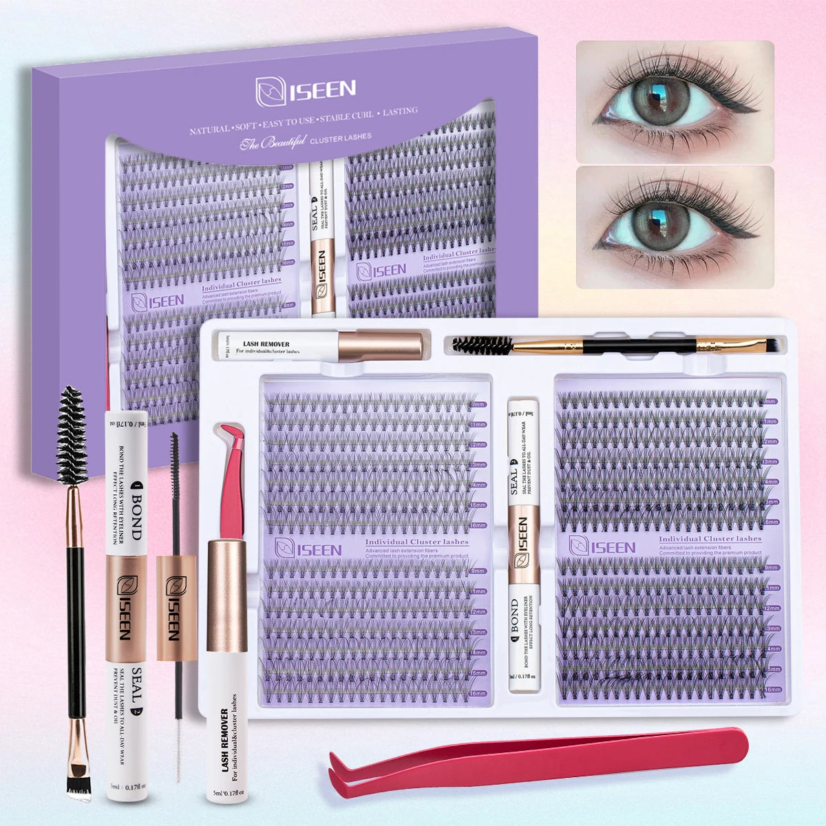 ISEEN DIY Eyelash Extension Kit Cluster Mix Eyelashes Full Set Lashes Kit with Lash Bond & Seal and Eyelash Tweezers and Brush