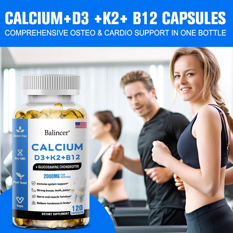 Calcium Supplement with Vitamins D3+K2+B12 Supports Nerve and Muscle Function, Heart Health and Immunity
