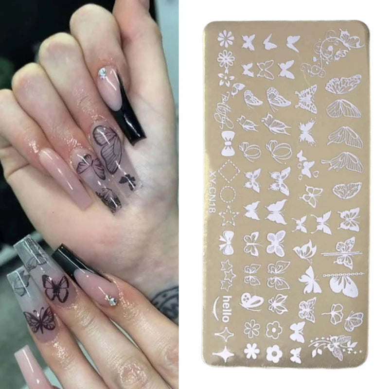 Gold Nail Stamping Plates Bow Lace Butterfly Flower Leaf Stainless Steel Stencil Nail Art Stamps Geometry Template Transfer Mold