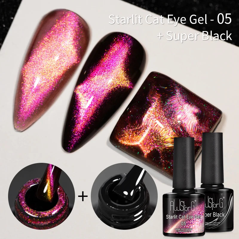 AWStorG 7.5ML Golden Gradient Cat Eye Magnetic Gel Sparkling Glitter Nail Polish Semi Permanent UV Nail Art No Need Base Color