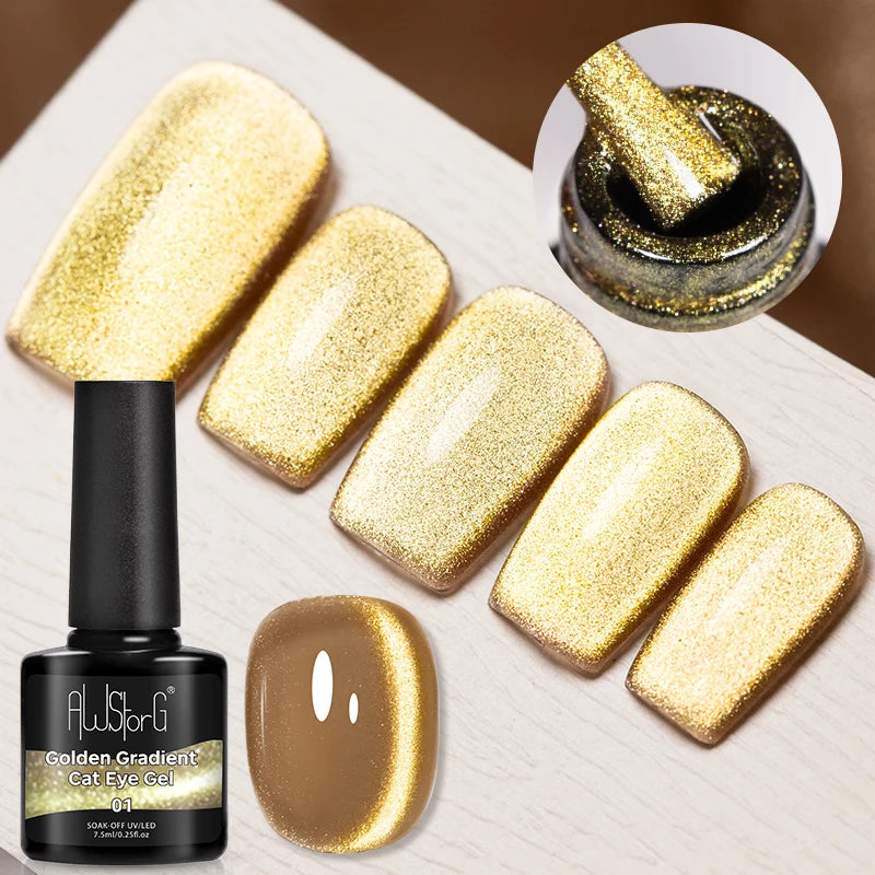 AWStorG 7.5ML Golden Gradient Cat Eye Magnetic Gel Sparkling Glitter Nail Polish Semi Permanent UV Nail Art No Need Base Color