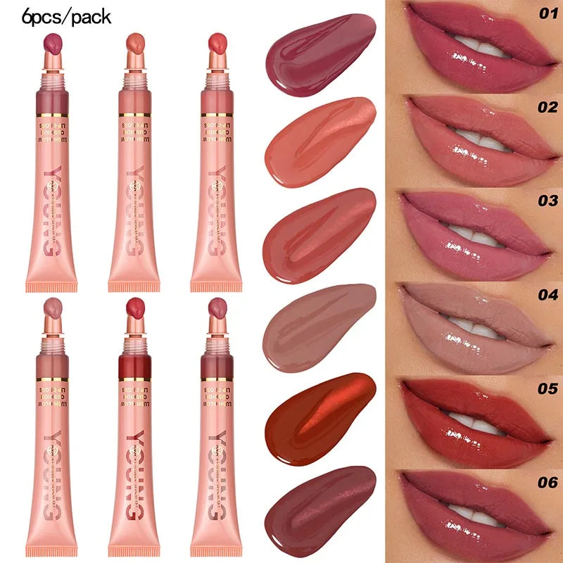 YOUNG VISION 6 color Liquid Water Brightening Lip Color Plush Brush Head Squeezing Lip Color Moisturizing Lip Glaze
