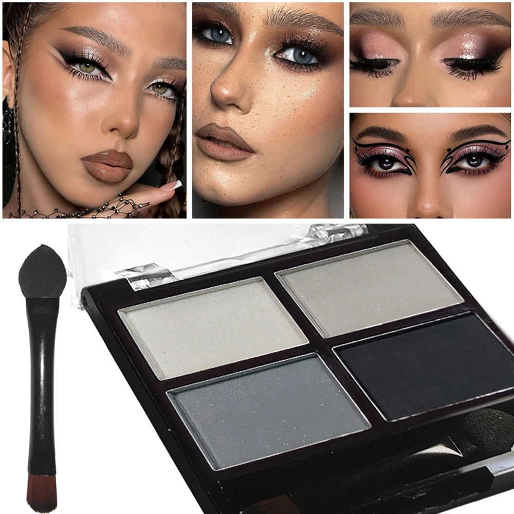 4Color Eyeshadow Palette Gray Black Smoky Makeup Matte Pearlescent Silkworm Brightening Base Eyes Primer Powder With Application