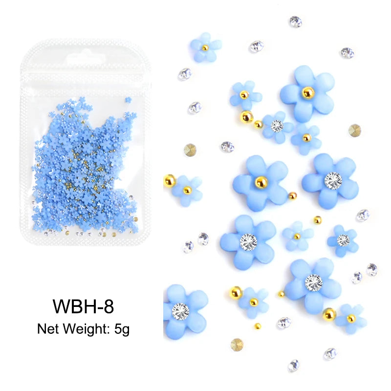 White Acrylic Flower Nail Art Decorations Mixed Size Rhinestones Red Blue Gem Manicure Tools Accessories DIY Nails Design 5g