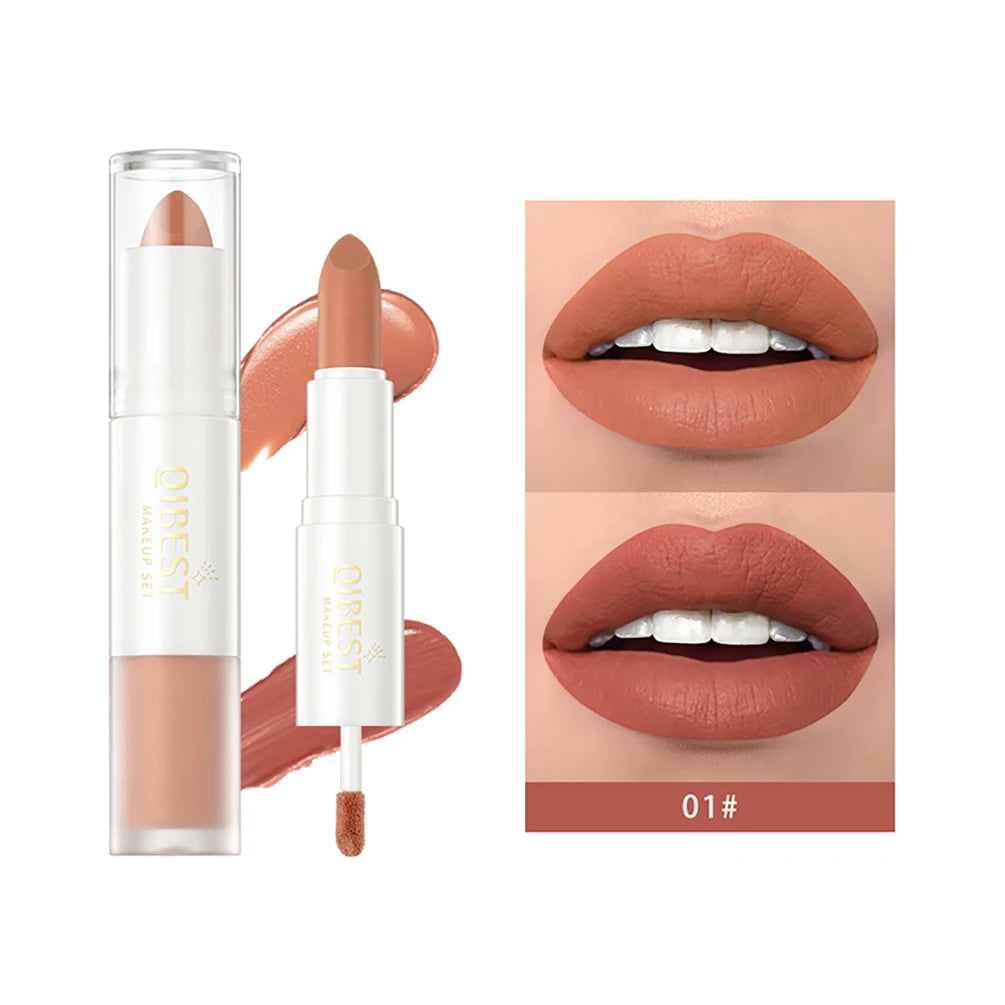 QIBEST 10 Colors 2 in 1 Matte Lipstick Lip Gloss Cosmetics Waterproof Double Head Red Purple Lipstick Long Lasting Lips Makeup