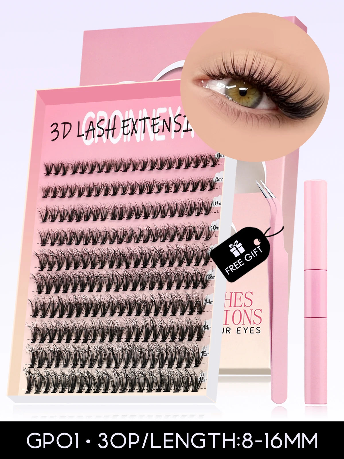 GROINNEYA DIY Lash Kit 10-18mm Manga Lashes Mixed Tray Lash Clusters Individual Eyelashes Kit with Lash Bond DIY Lashes