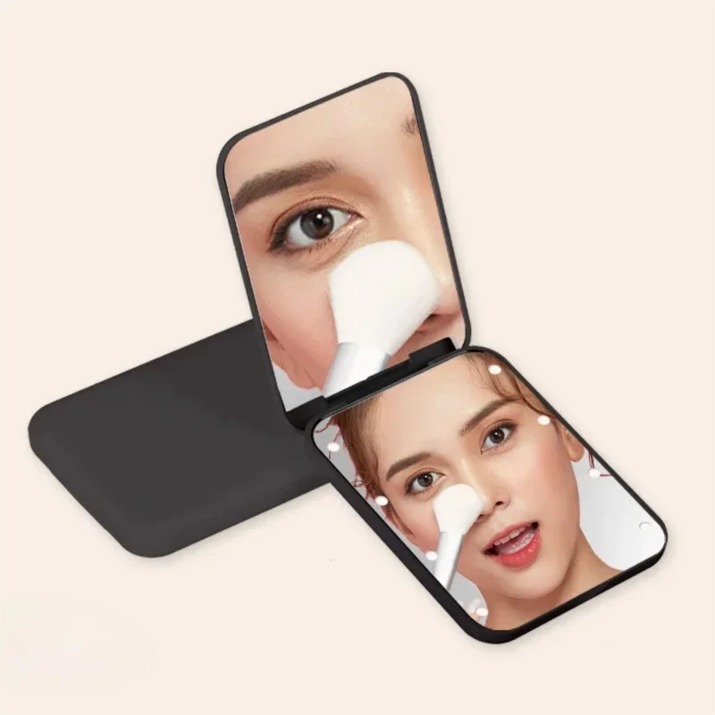 Compact Folding Mirror Portable Mini LED Makeup Mirror With 8 LED, 2x Magnification Button Battery Powered