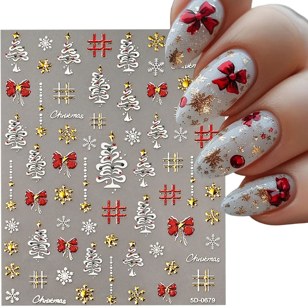 5D Red Bowknot/Gold Snowflakes/Christmas Tree Nail Stickers Cute White Snowflake Bow Christmas Nail Decals New Year Nail Supplie