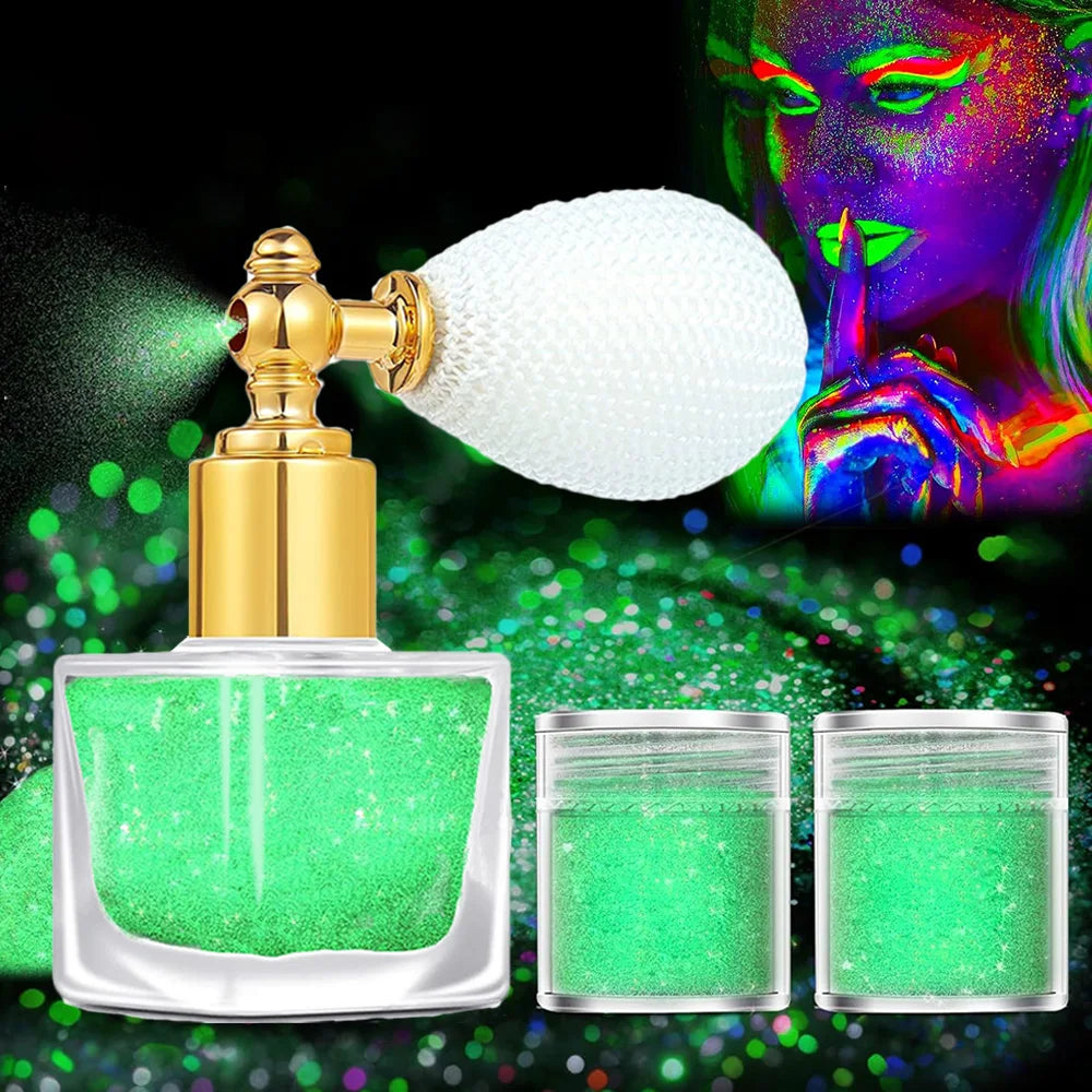 Body Glitter Spray Glow in The Dark Party Makeup Hair Glitter Extra Fine Face Shimmer Powder for Festival Glow Party Halloween