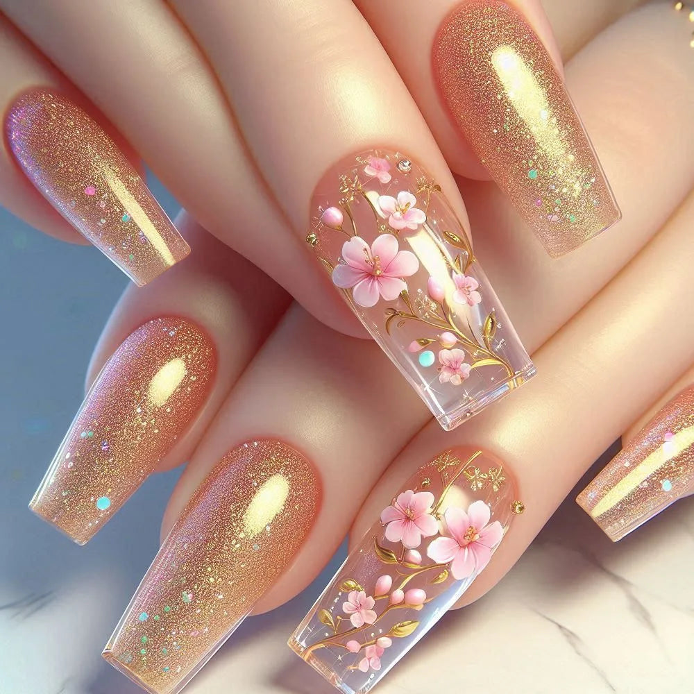 24Pcs Short False Nails with Shimmery Powder Ballet Nail Art Full Cover French Sheer Wearable Nail Manicure Tips for Girls Daily
