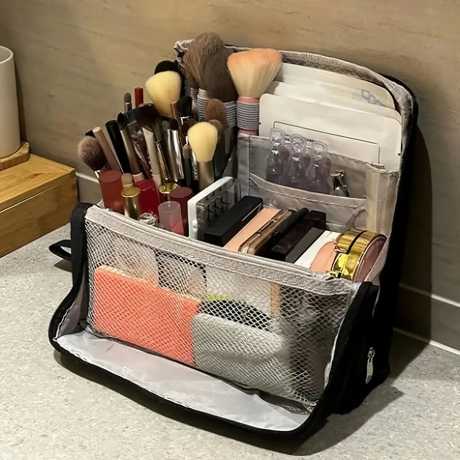 1pc Standing Makeup Bag, Multifunctional Large Capacity in Black and White with Purple Accents, High-Quality Compartment Storage