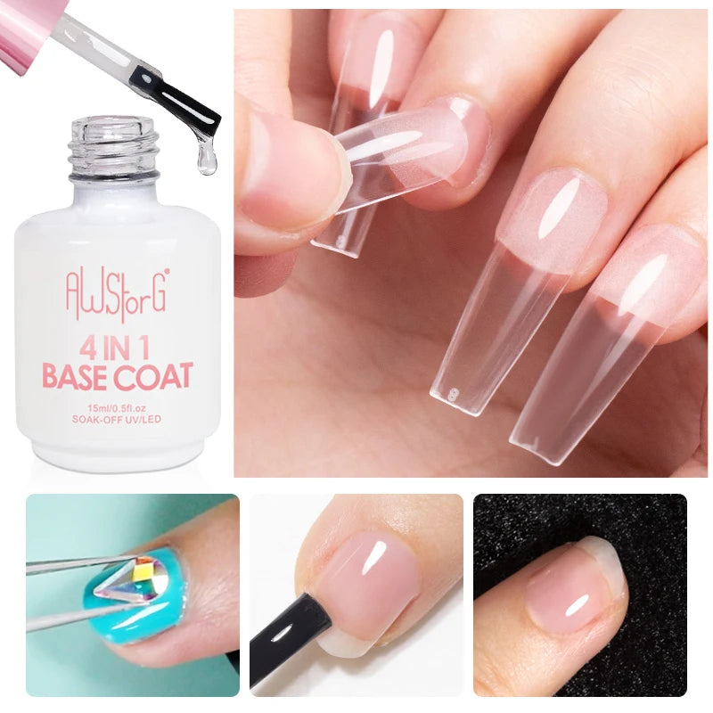 AWStorG Fiber Rubber Base Gel For Nails UV Gel Polish Semi Permanent Repair Fix Crack Nail Rubber Base Gel Strengthener 15ml