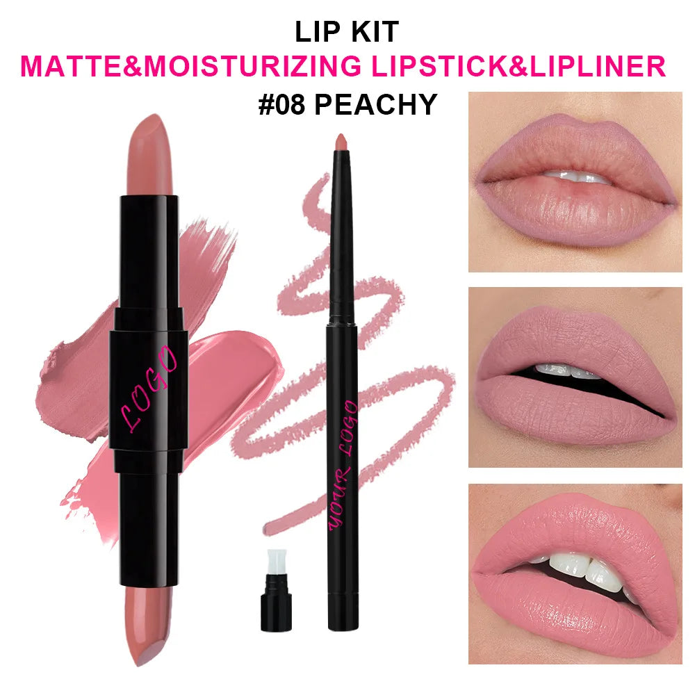 Lipstick with Lip Liner 2-1 Vegan Dual End Two Sides Matte Lipsticks Moist Combined Cosmetic Set