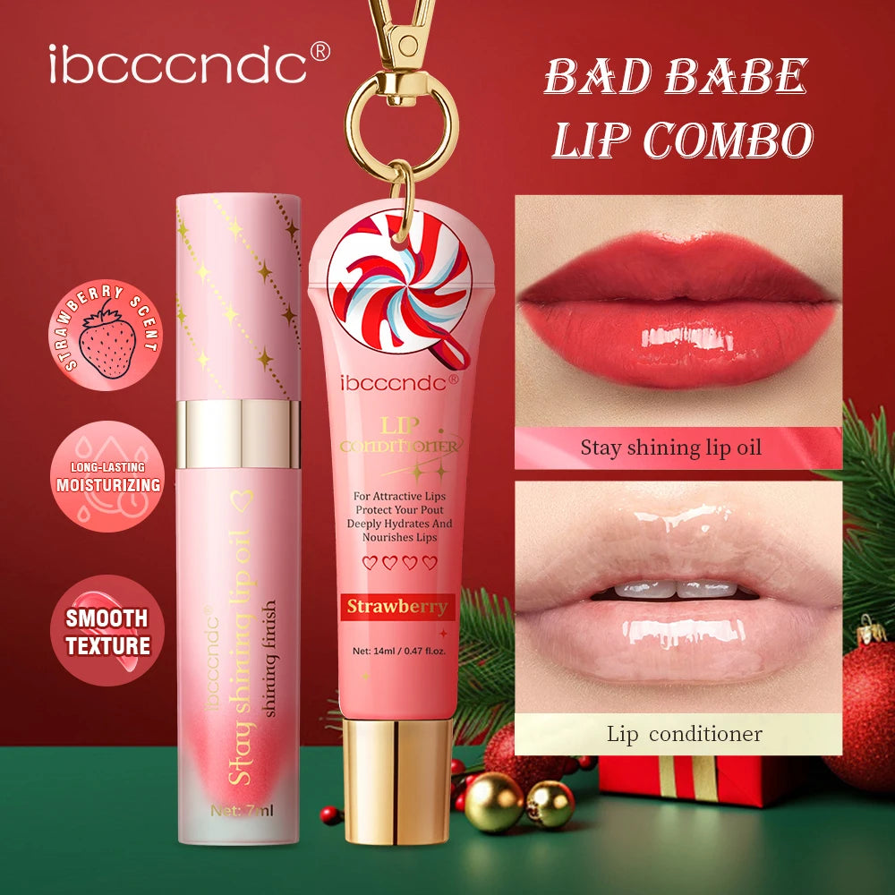 2pcs Bad Girl Glossy Christmas Lip Gloss Set Strawberry Lip Balm and Lip Gloss Combo Long-Lasting Hydrating Plump Lips Christmas
