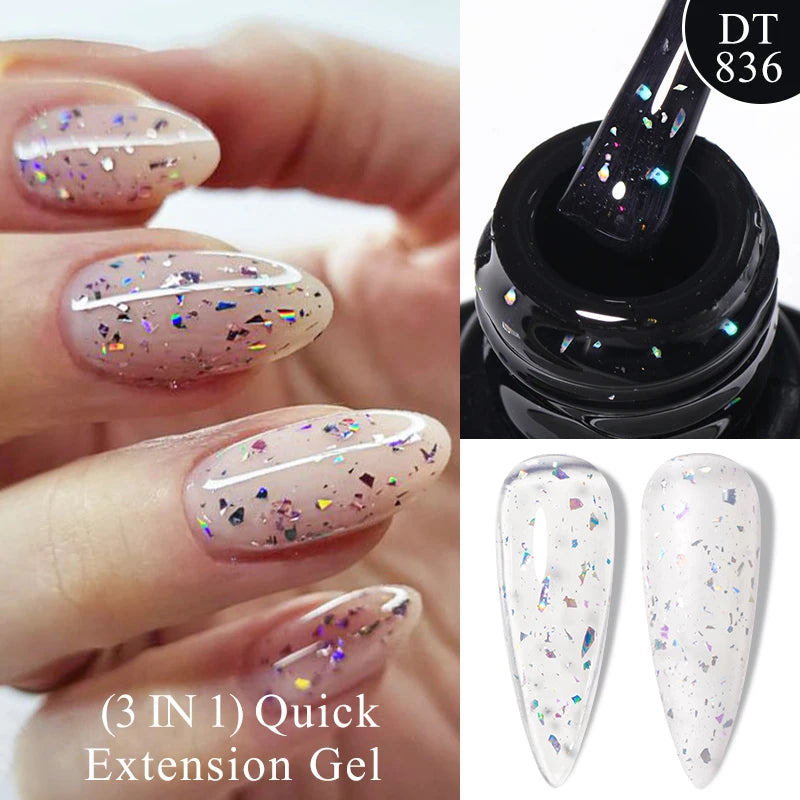 MEET ACROSS 7ml Gold Foil 3 In 1Quick Extension Gel Nail Polish Nude Pink Gold Milky White Glitter UV Gel Finger Prolong Varnish
