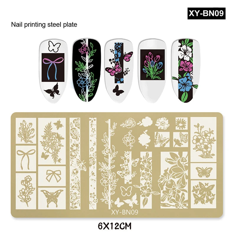 12x6cm Golden Rectangular Nail Stamping Plates Bowknot Butterfly Flower Fireworks Designs Nail Art Template For DIY Nail Decor