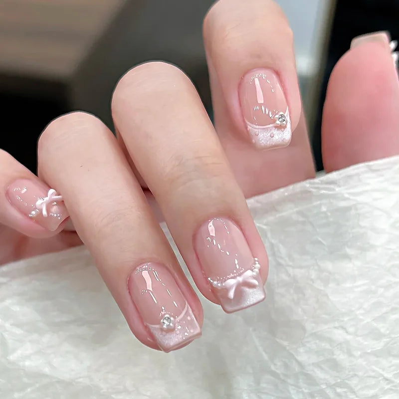 24Pcs Short False Nails with Shimmery Powder Ballet Nail Art Full Cover French Sheer Wearable Nail Manicure Tips for Girls Daily