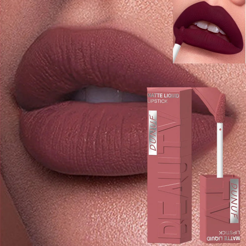DUNUF 8-color matte velvet smooth easy-to-apply square tube lip gloss waterproof three-dimensional plumping lipstick