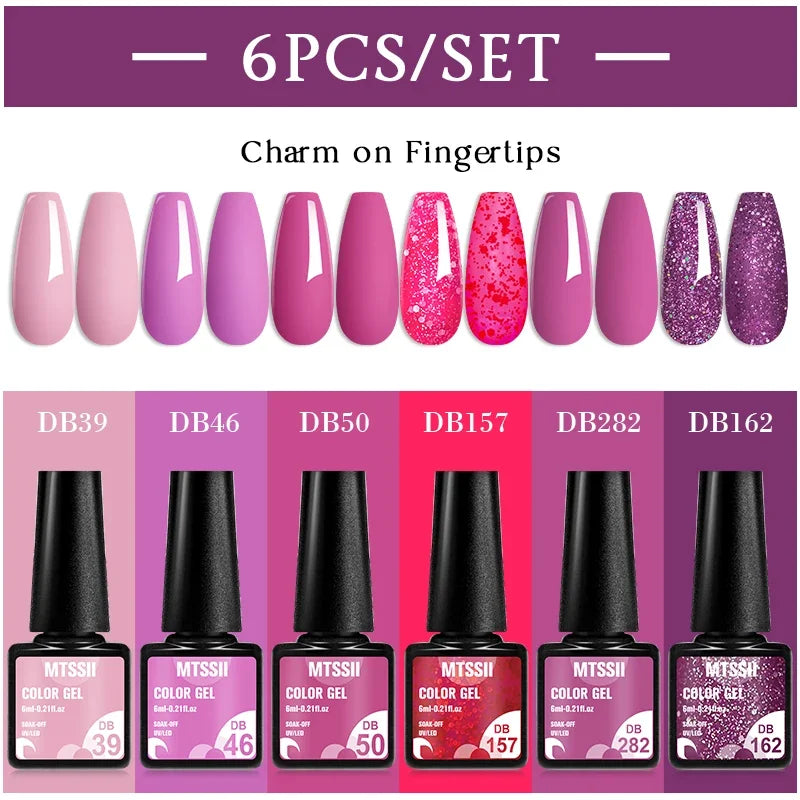 MTSSII 6PCS/Set Sparkly Red Roes Red Gel Nail Polish Shinning Nail Art LED UV Gel Varnish Nail Supplies Manicure Kit for Nails