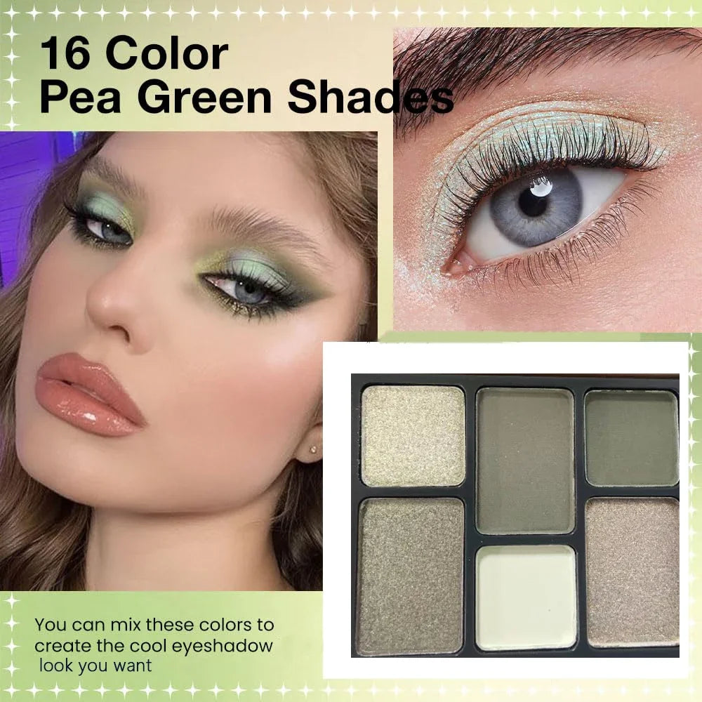 16 Color Green Pearl Eyeshadow Makeup Palette Waterproof Lasting Diamond Shimmer Eyeshadow Sparkling Crystal Eye Makeup Cosmetic