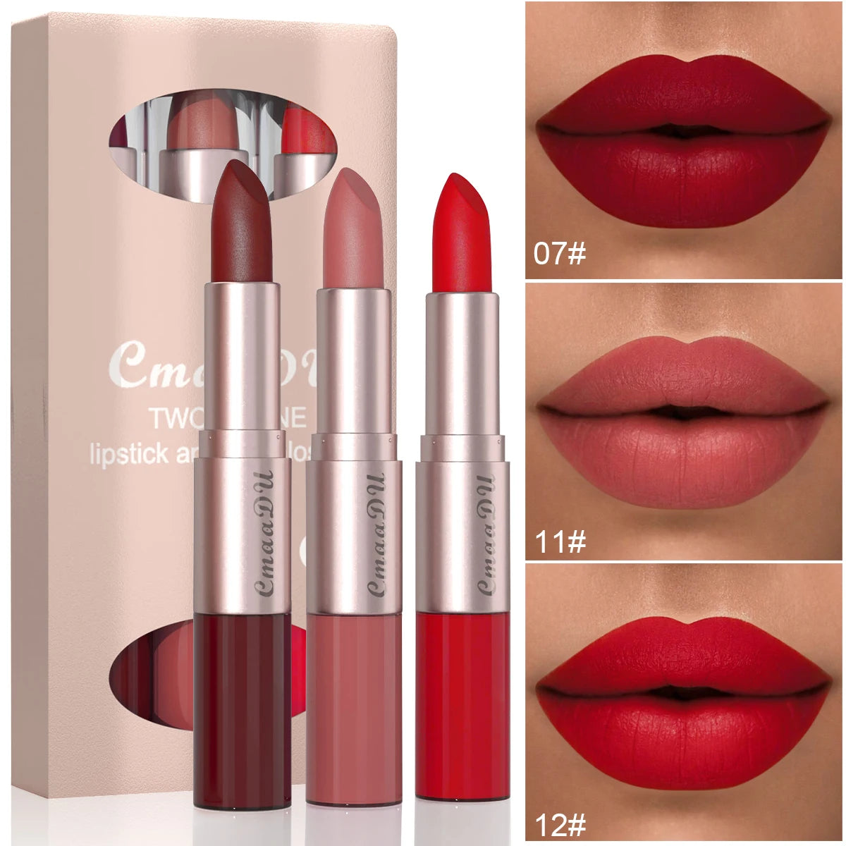 3 Pcs Long-Lasting Lipstick Lip Gloss Set-Double Headed Design for Natural Non-Fading Waterproof Non-stick Cup Exquisite Gift