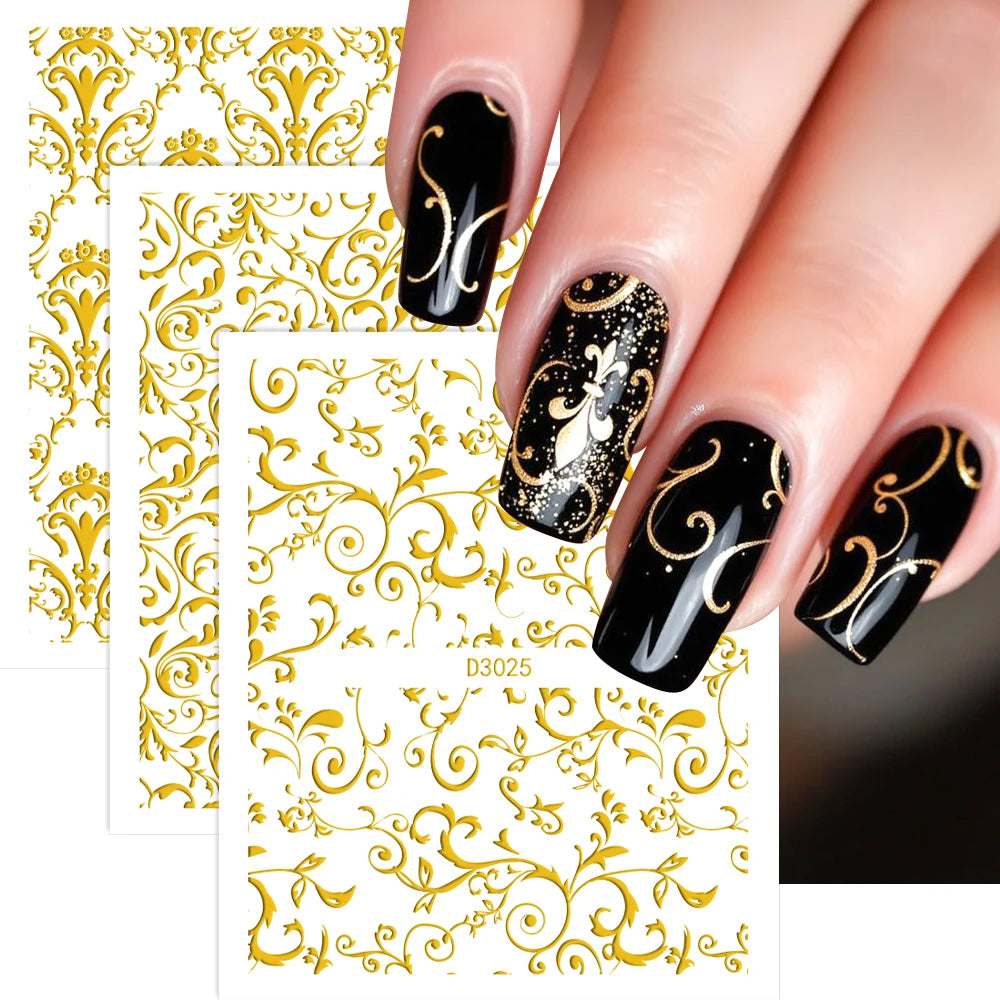30 Sheets Gold Metallic Flowers Vine Nail Art Decals 3D Lace Flower Nail Sticker Self-Adhesive Nail Art Decoration 5.5*6.5cm
